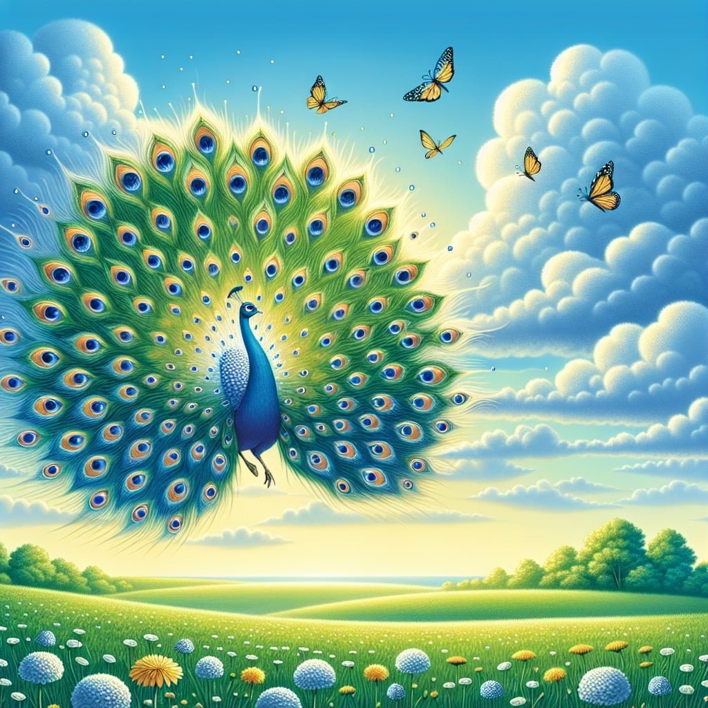 Fun fact for kids about a peacock flying with long tail feathers