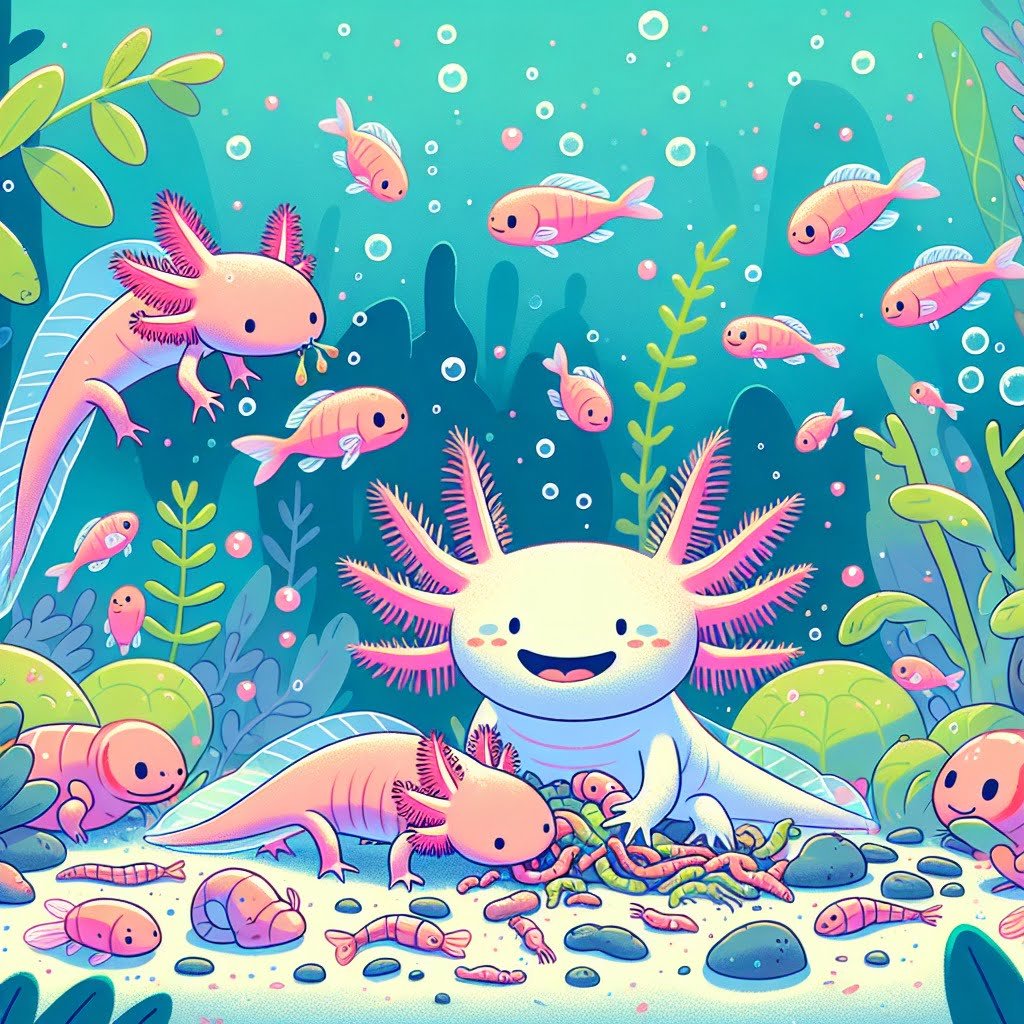 Fun fact for kids about axolotl feeding on small prey