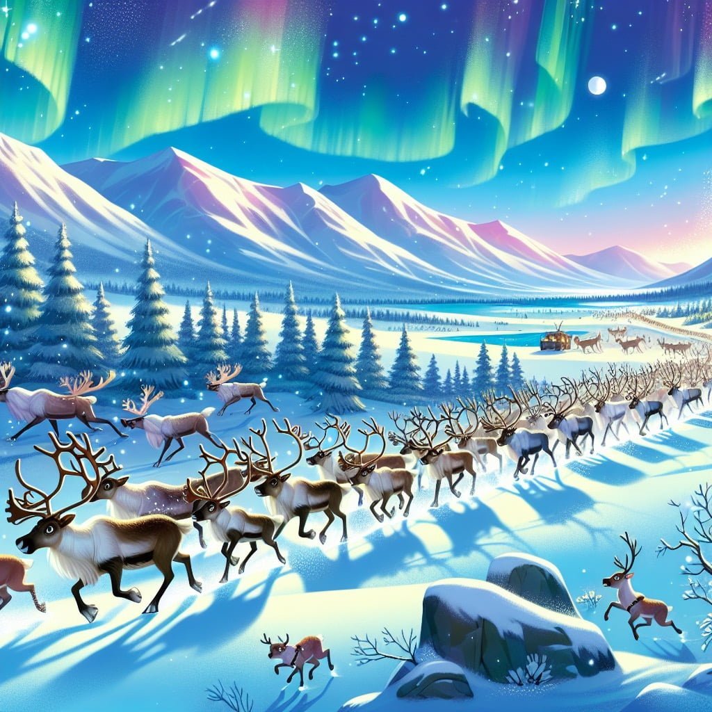 Reindeer herd migrating across snowy terrain