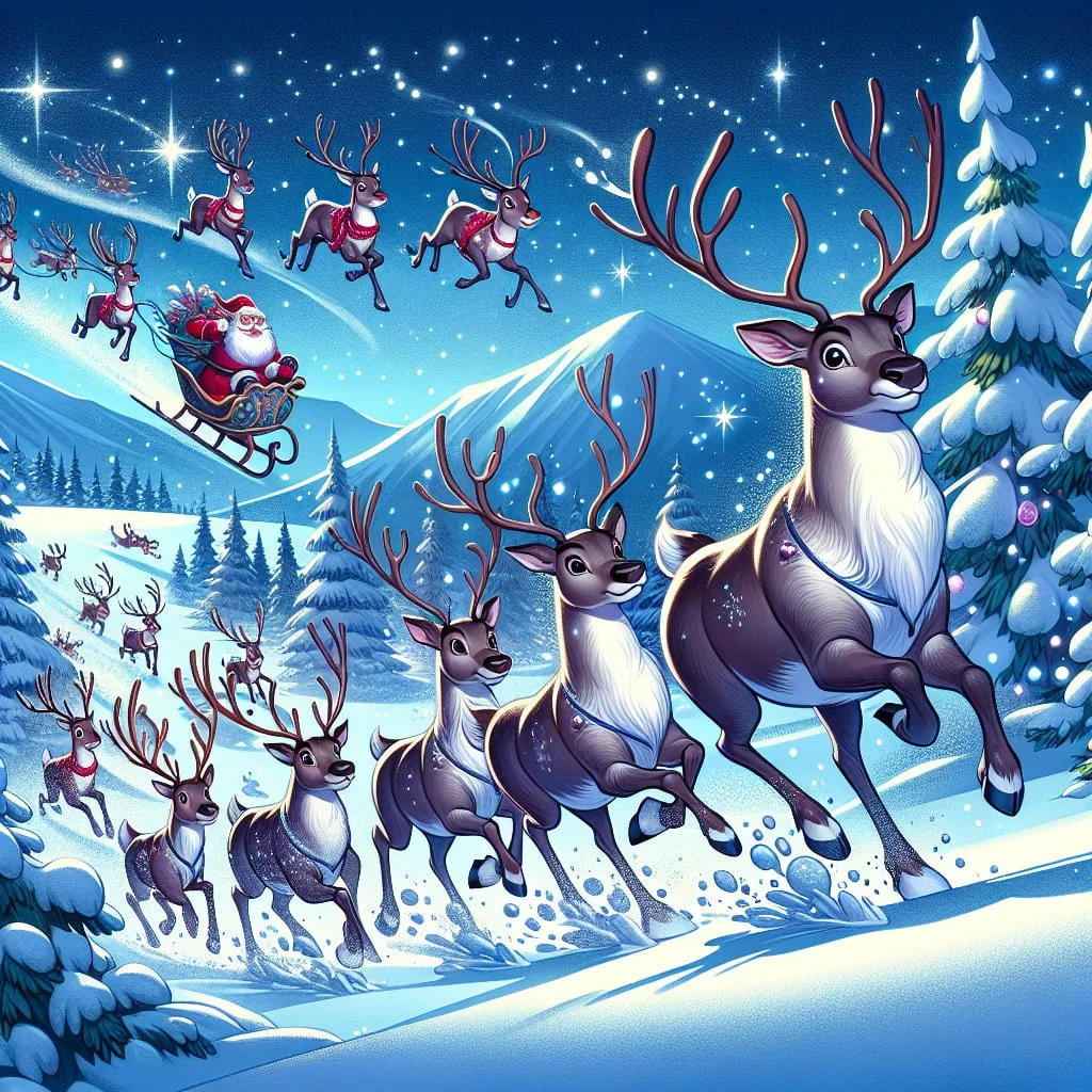 Reindeer running in a snowy field