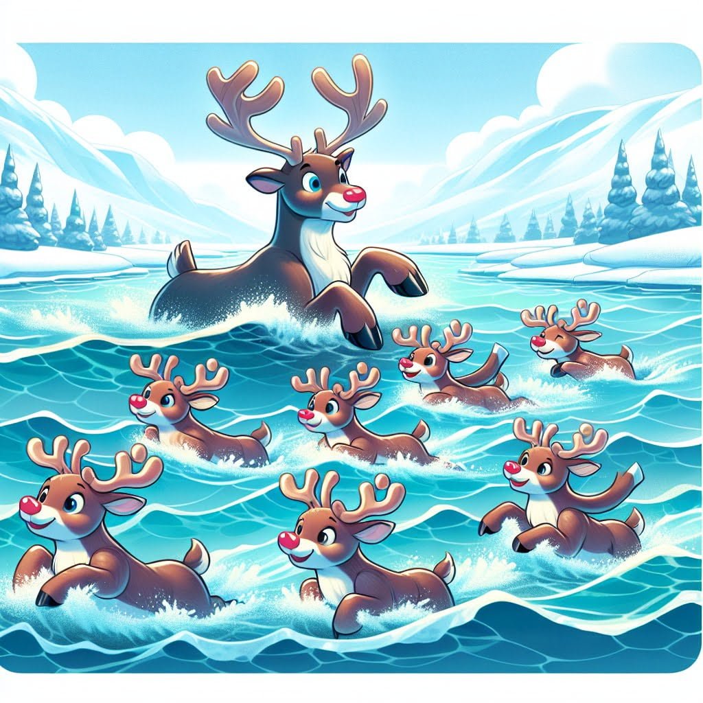 Reindeer swimming across a river