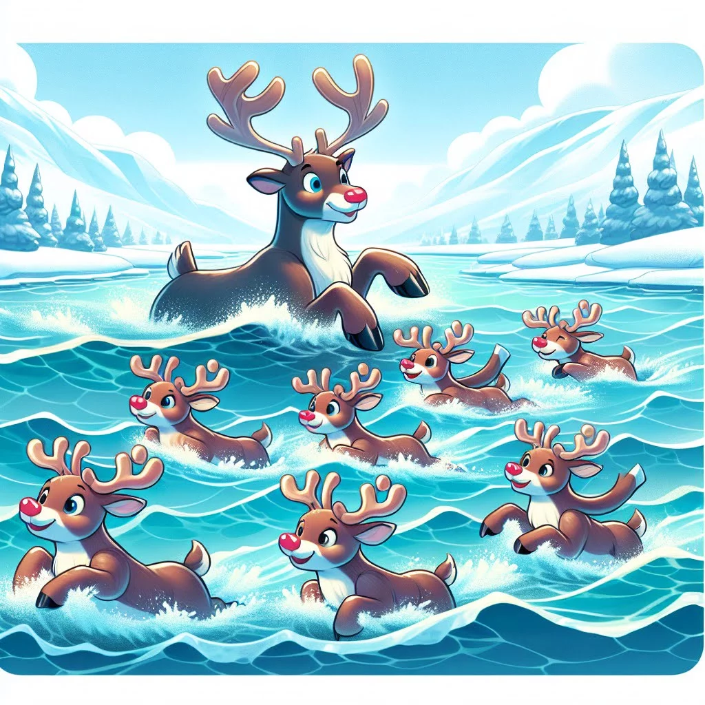 Reindeer swimming across a river