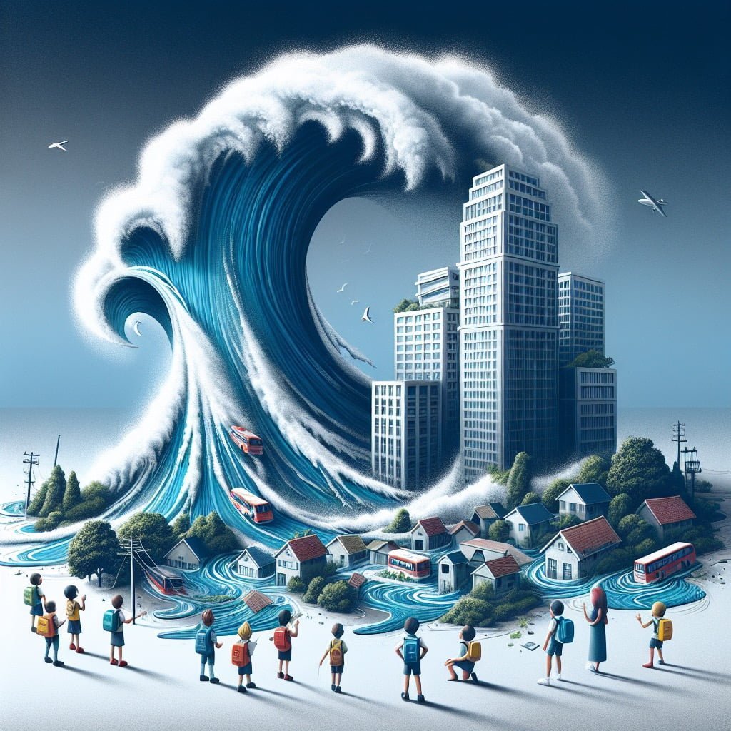 Fun fact for kids about a tsunami towering over buildings