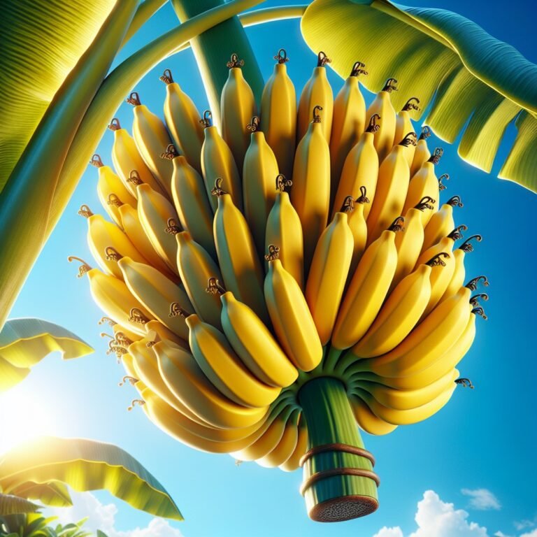 A bunch of ripe bananas hanging from a banana plant.