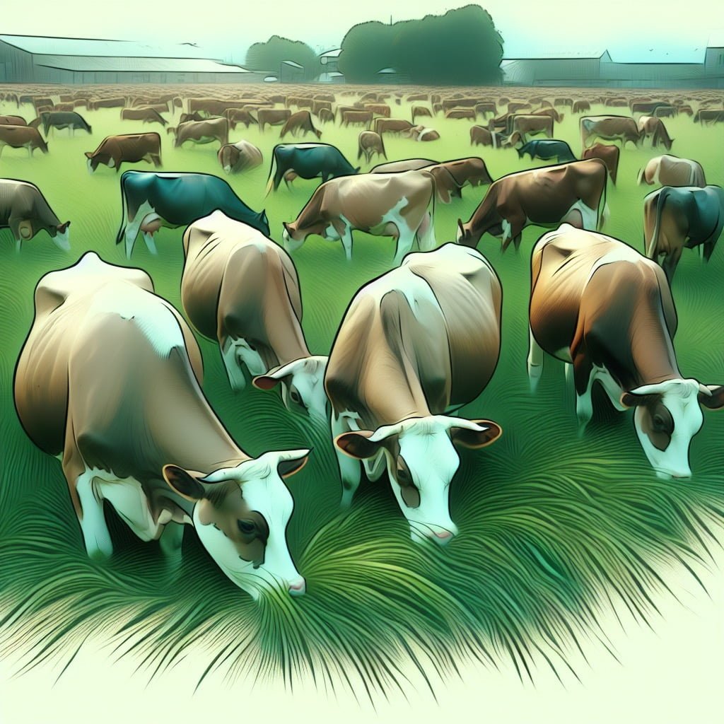 Cows grazing peacefully in a green pasture with two cows standing closely together