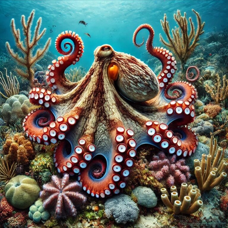Octopus displaying its unique body structure with visible tentacles and surrounding marine environment.