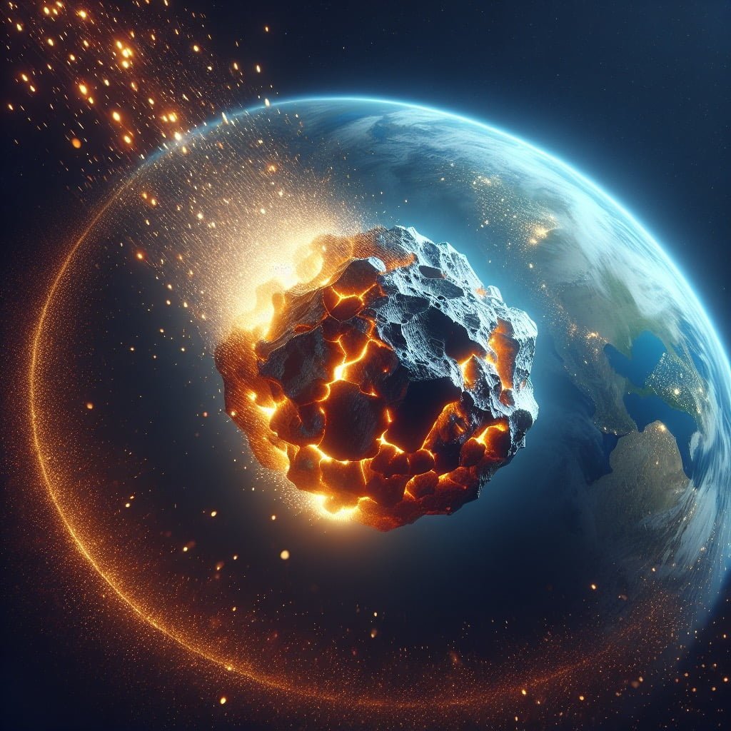 A meteorite glowing as it enters the Earth's atmosphere.