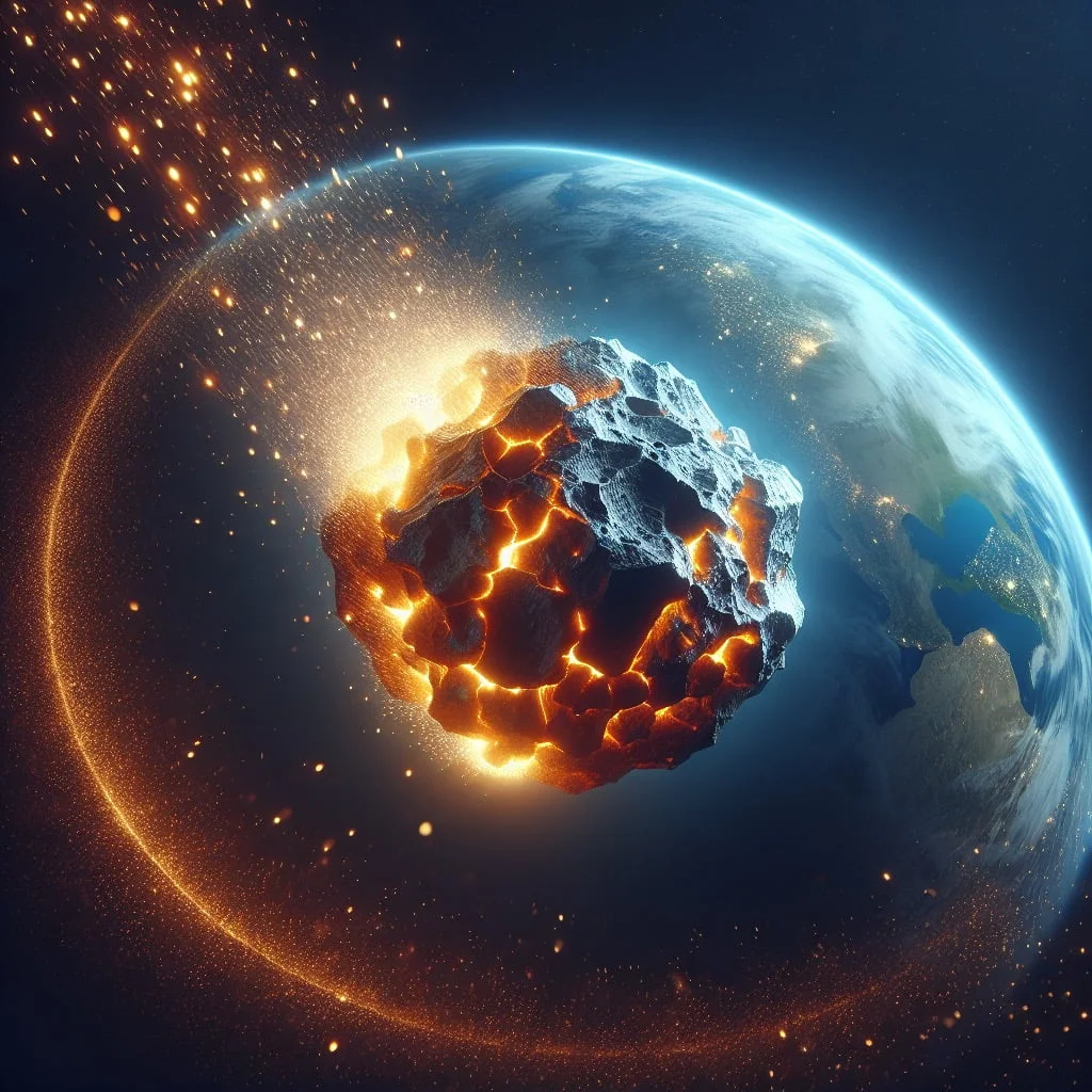 A meteorite glowing as it enters the Earth's atmosphere.