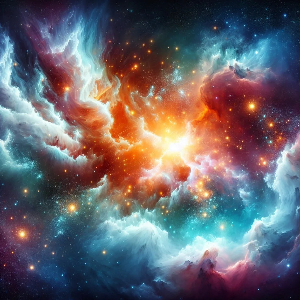 A vibrant nebula with swirling clouds of gas and dust
