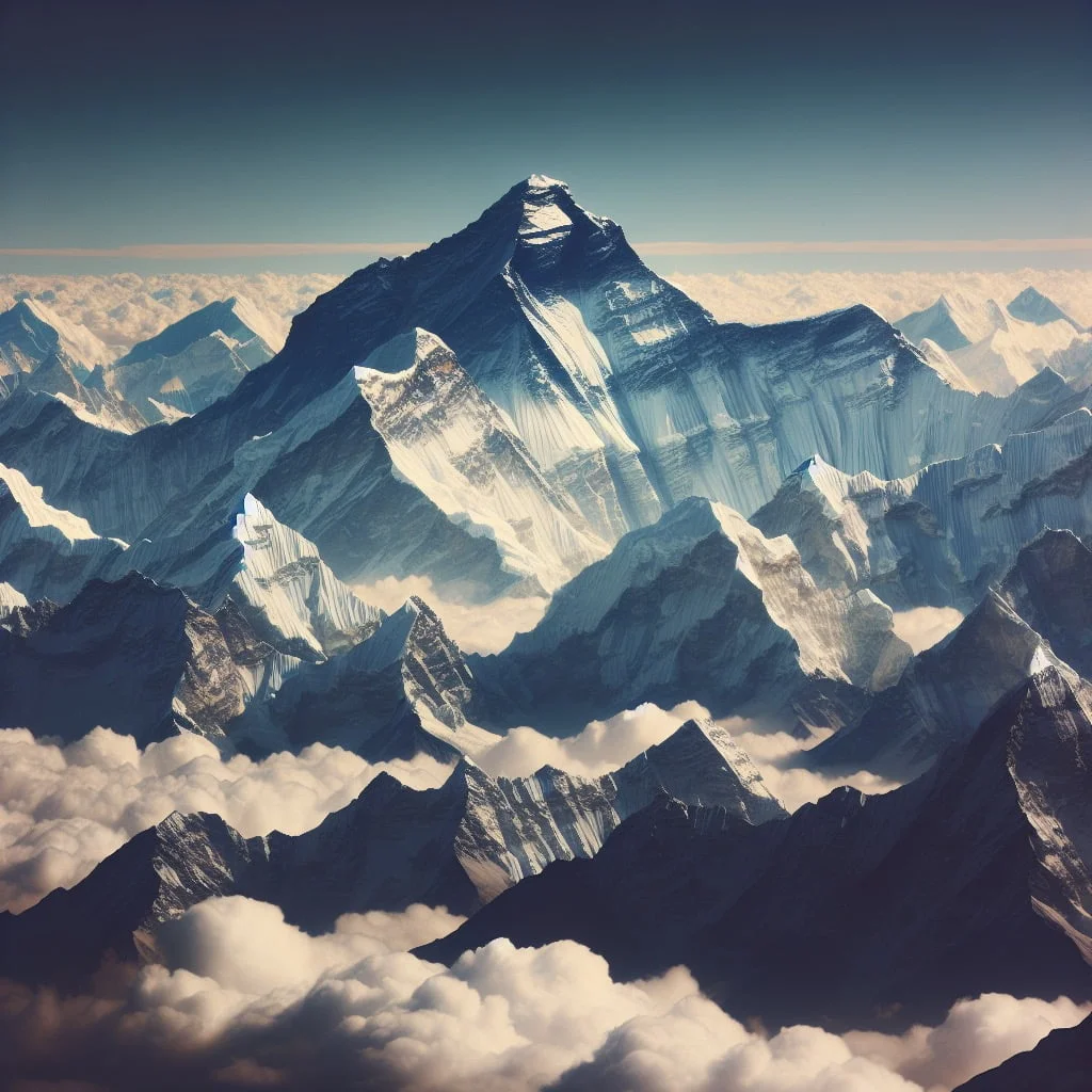 Snow-covered peak of Mount Everest towering above the clouds