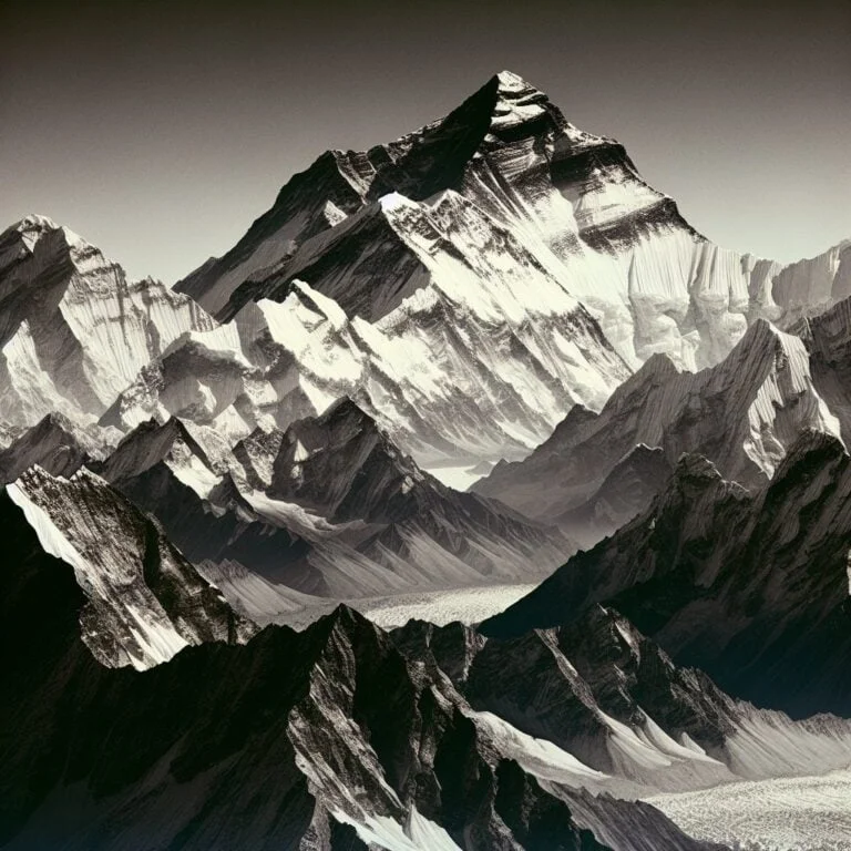 Snow-capped Mount Everest towering above surrounding peaks under a clear blue sky.