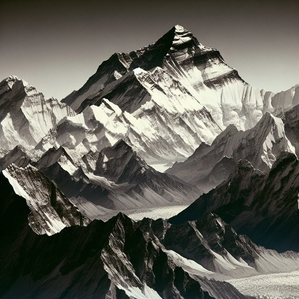 Snow-capped Mount Everest towering above surrounding peaks under a clear blue sky.