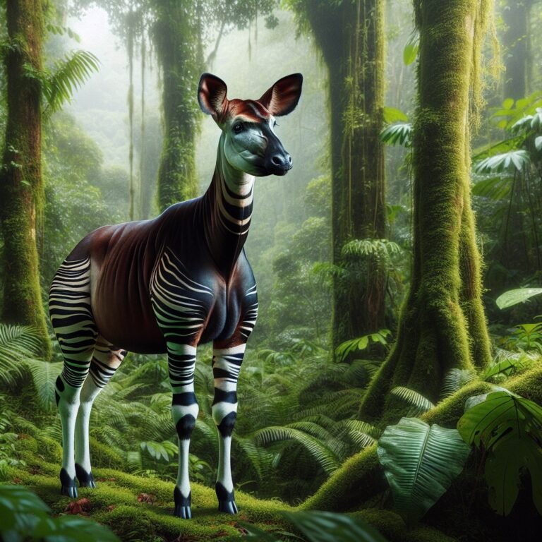 Okapi standing in a lush rainforest