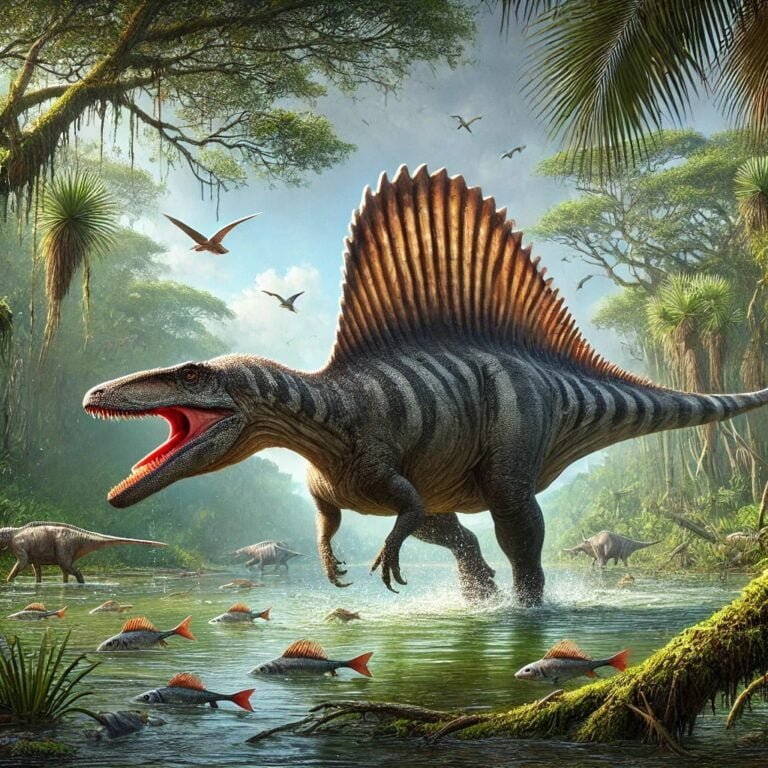A massive Spinosaurus standing on its hind legs with a large sail-like fin on its back