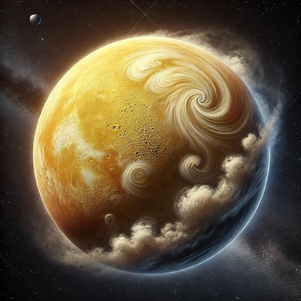 A glowing depiction of the planet Venus surrounded by stars in space.