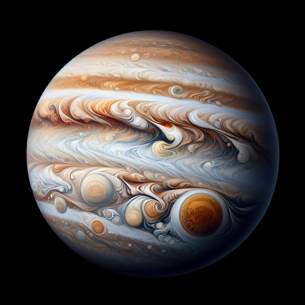 A detailed image of the planet Jupiter with its swirling clouds and prominent Great Red Spot.