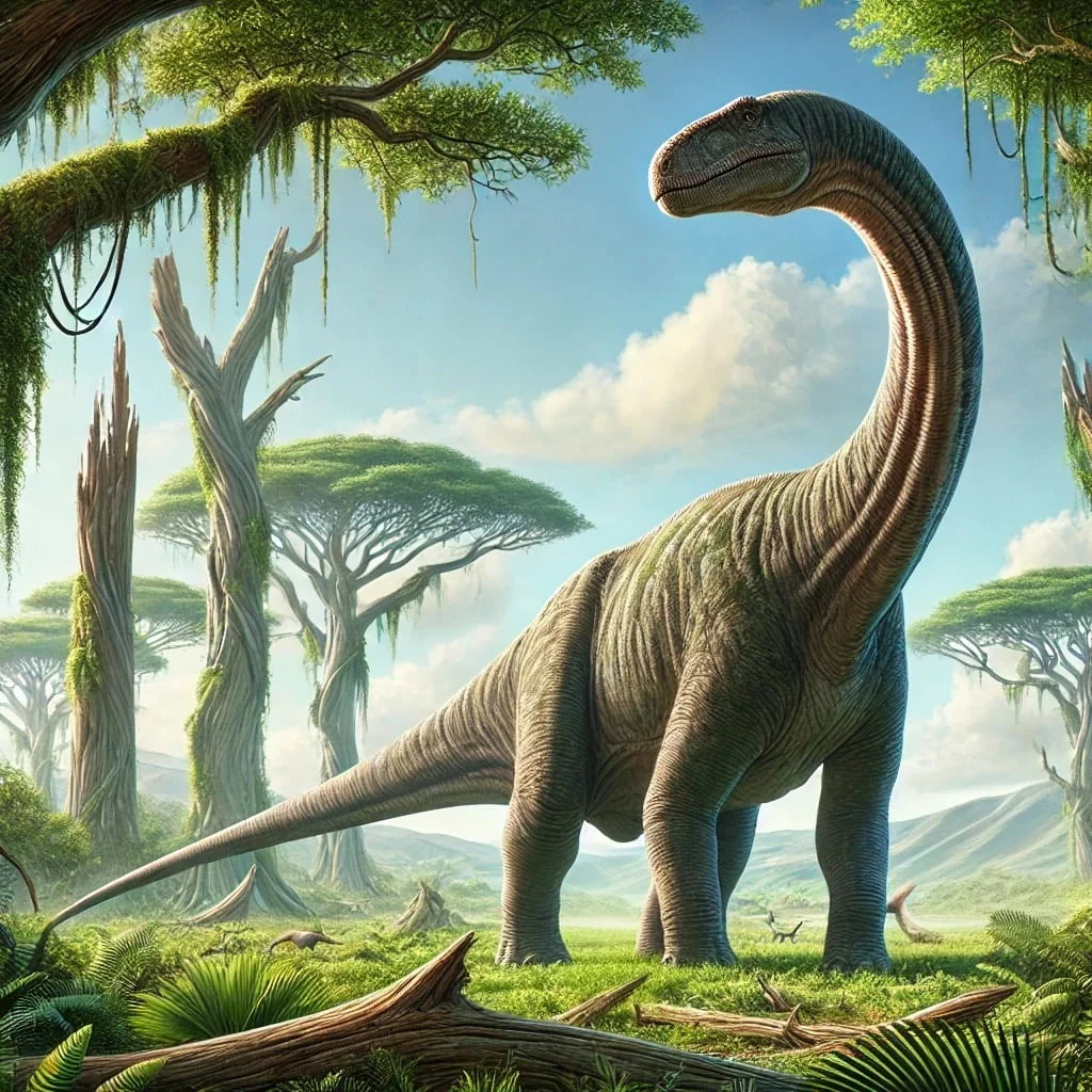 A massive Argentinosaurus dinosaur towering over a prehistoric landscape