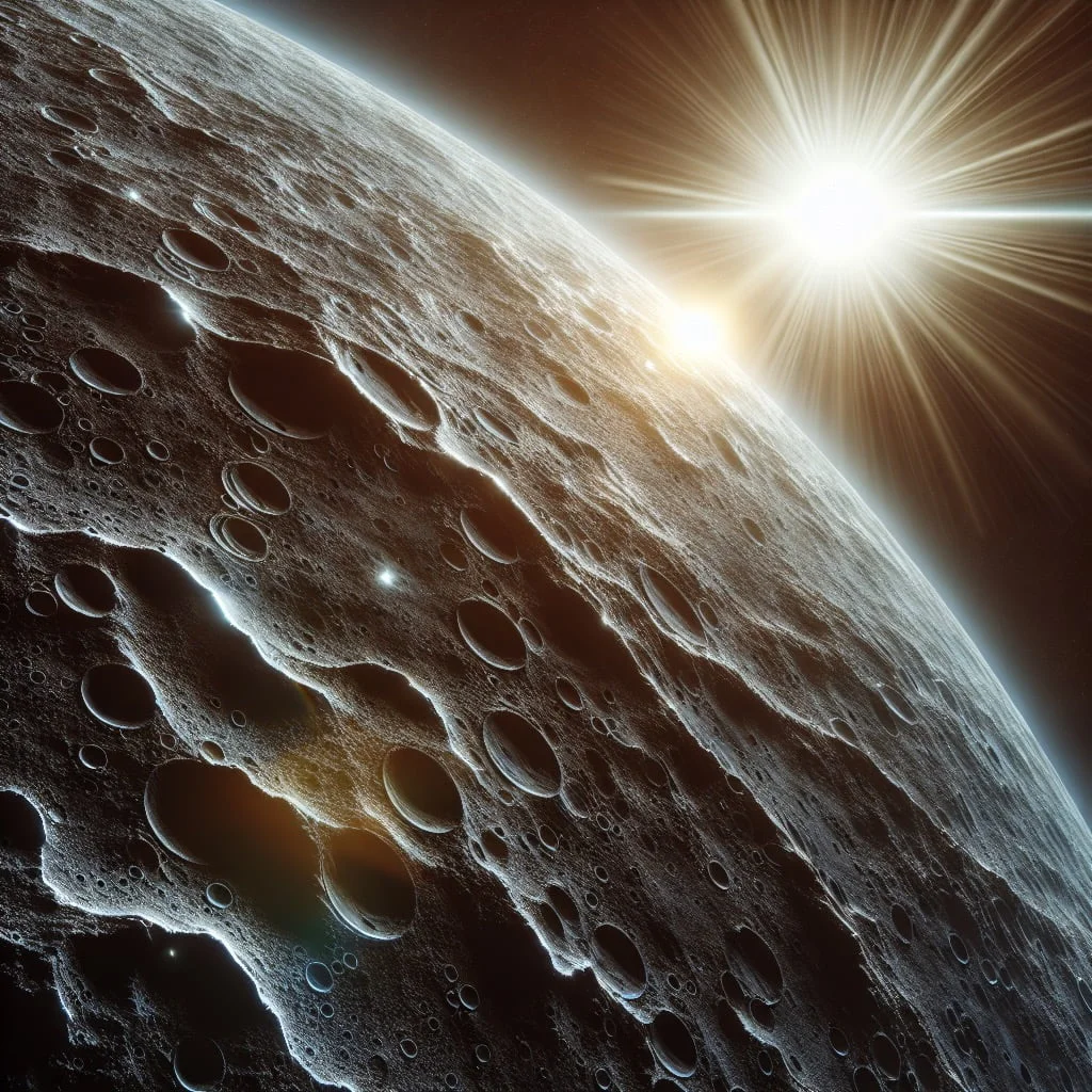 A close-up of Mercury's barren surface with the sun shining in the background.
