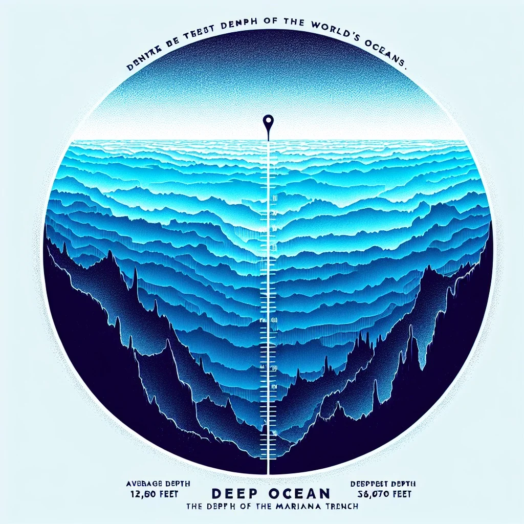 Vast ocean depths with a deep blue gradient and a silhouette of the Mariana Trench marker