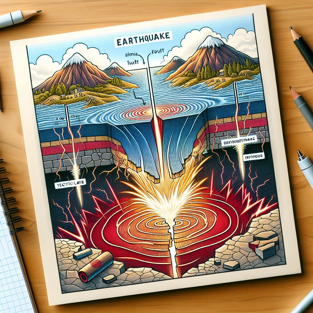 Seismic waves radiating from a fault line in the Earth's crust during an earthquake.