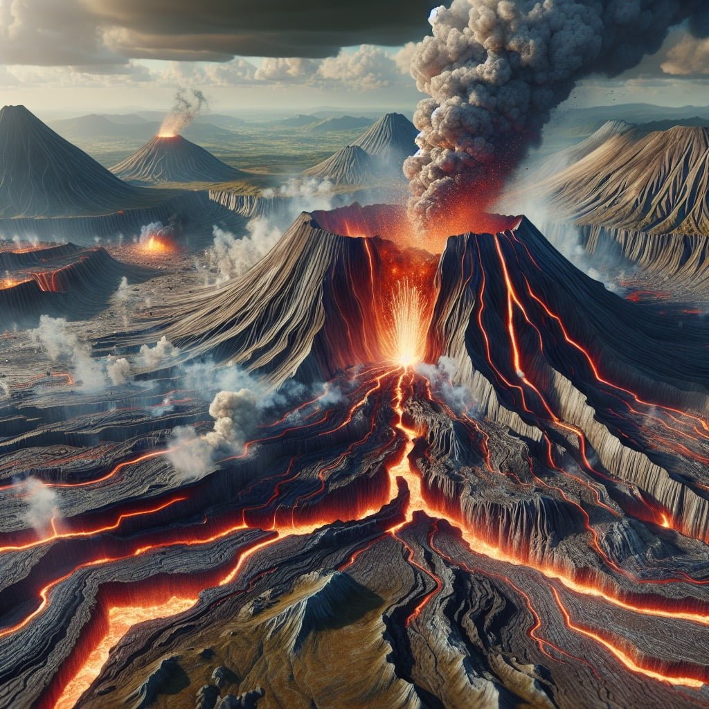 Molten lava erupting from a volcanic fissure