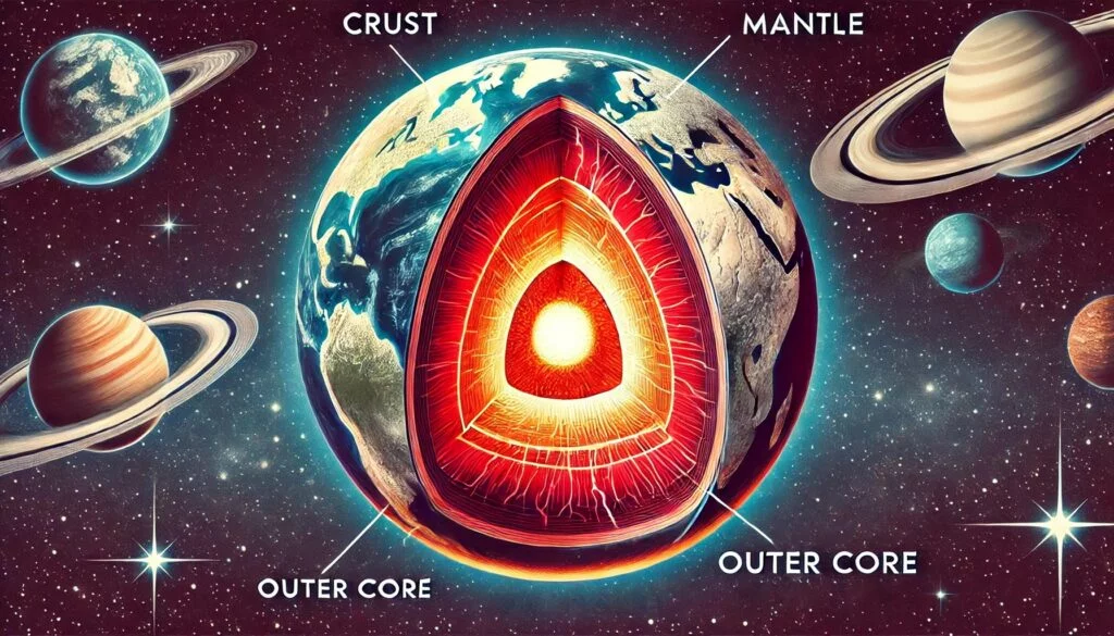Cross-sectional illustration of Earth showing the core with temperature indicators reaching up to 9