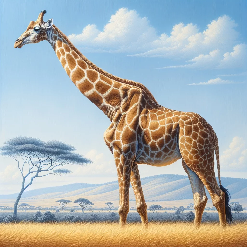 Giraffe with an elongated neck standing gracefully in a savanna landscape
