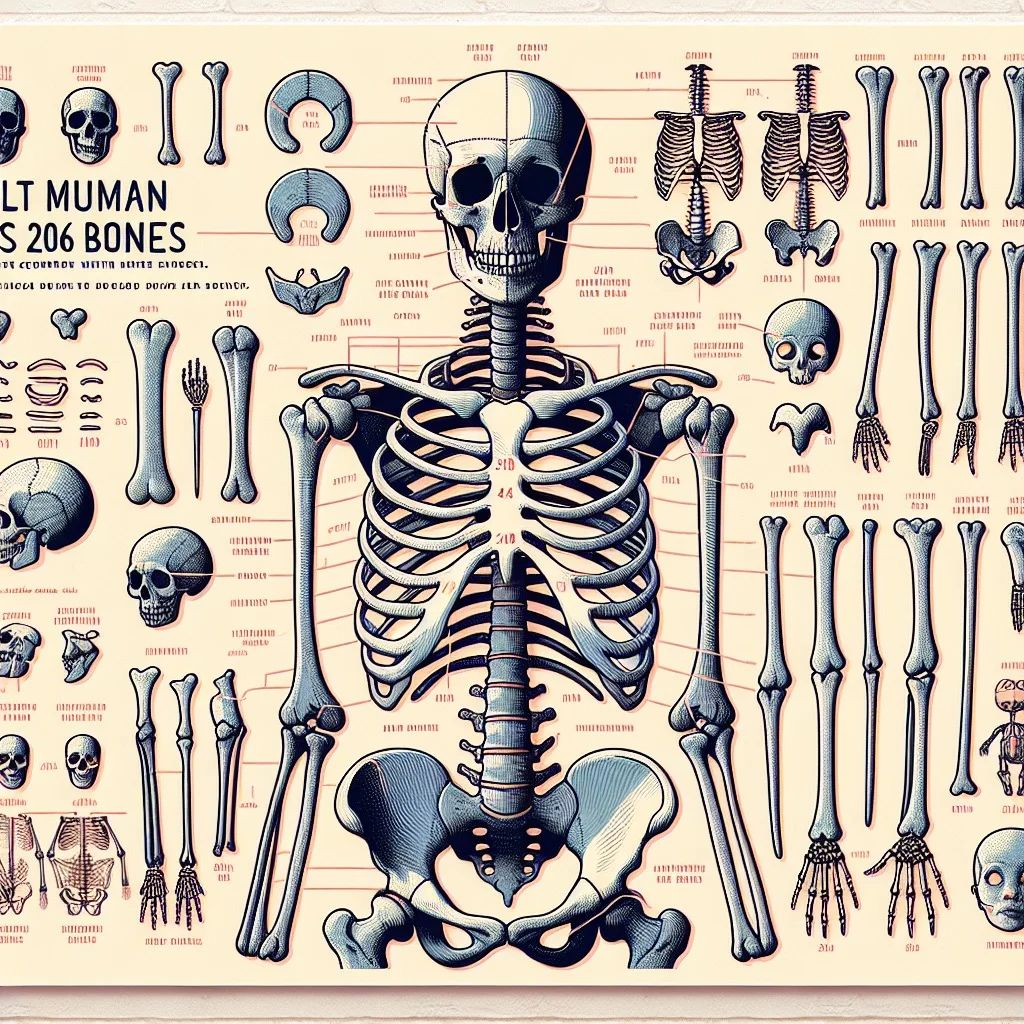 Illustration of a human skeleton highlighting the 206 bones in an adult body.