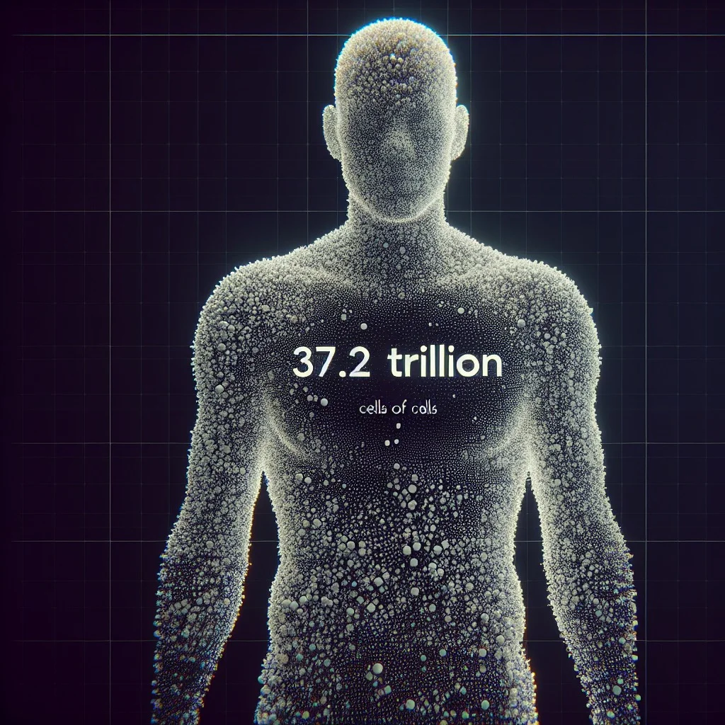 Visualization of a human body silhouette with an overlay of trillions of tiny cells representing the approximate 37.2 trillion cells in the human body.
