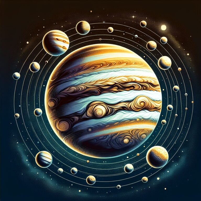 A vibrant illustration of Jupiter with its numerous moons orbiting around it.