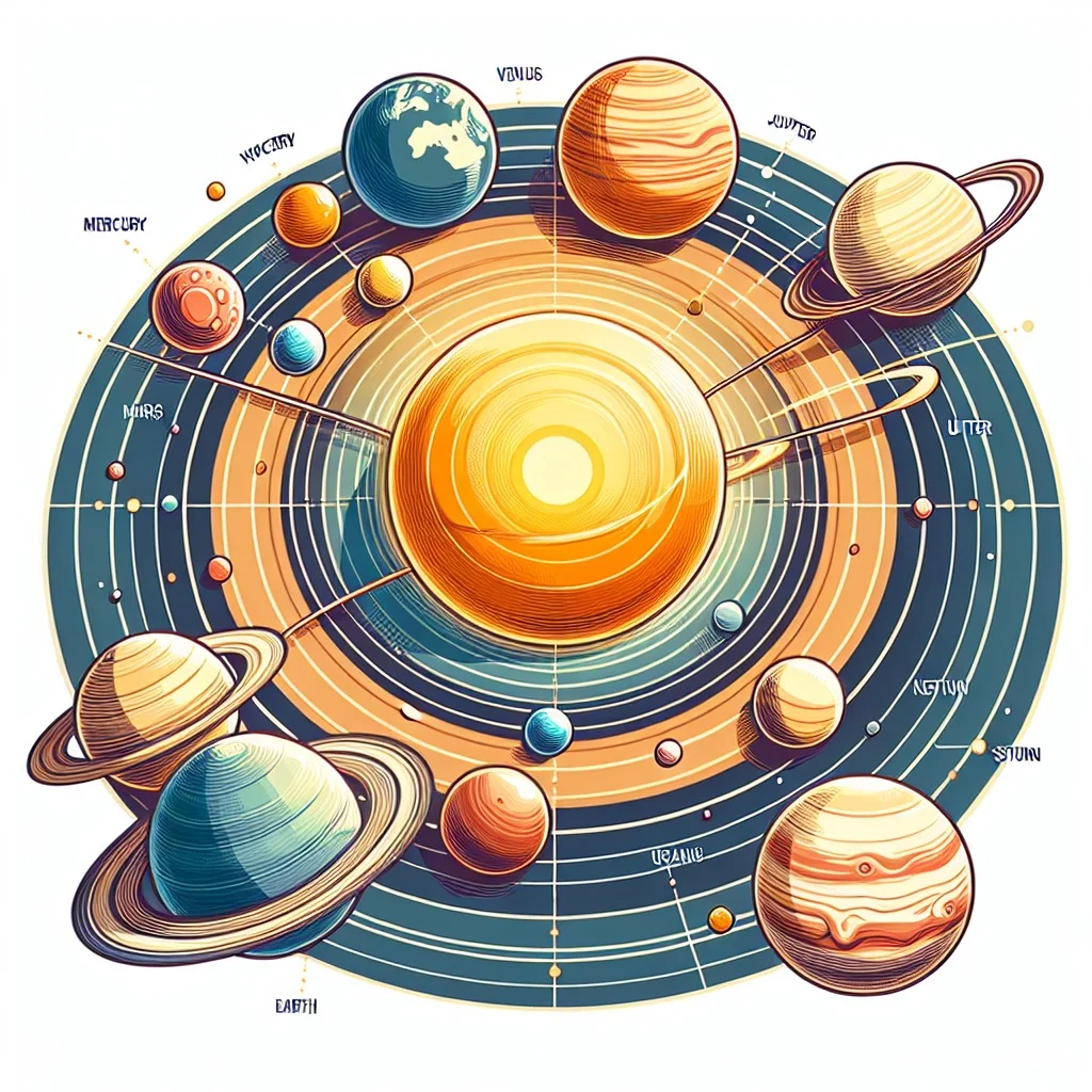 Illustration of the eight planets in the Solar System orbiting the Sun.