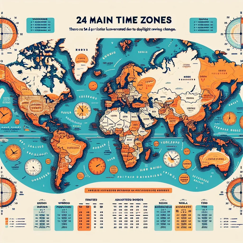 World map illustrating 24 main time zones