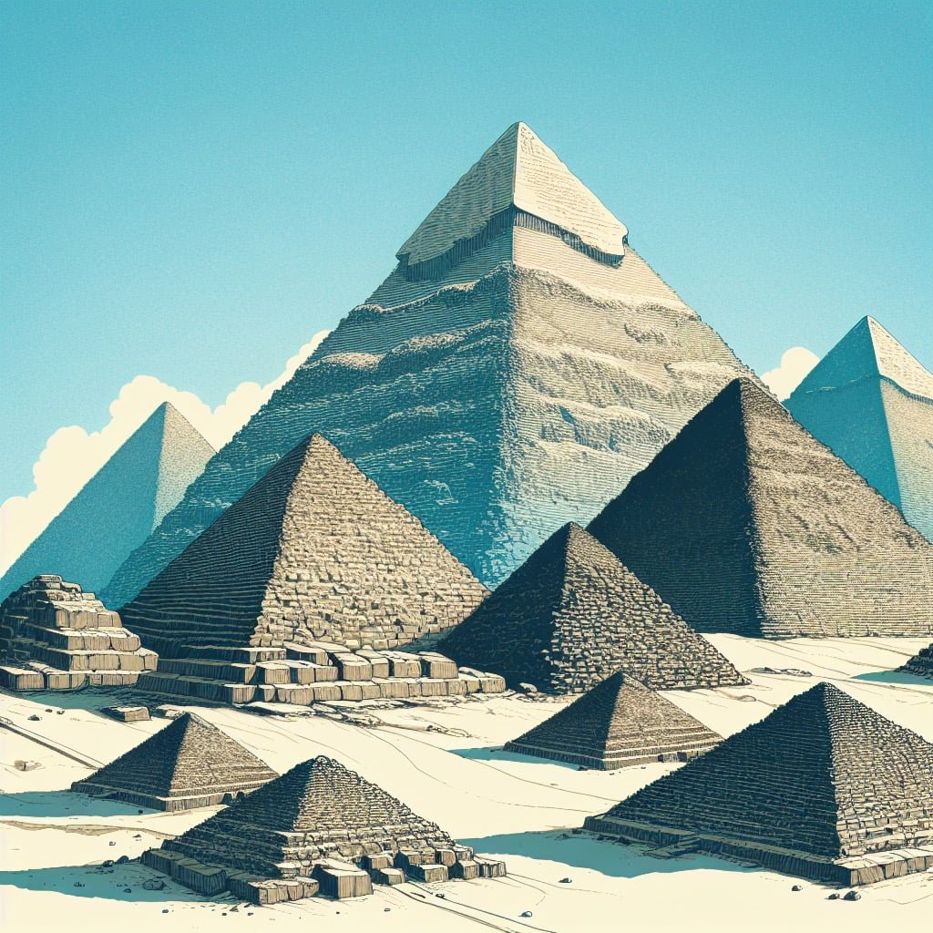 The Great Pyramids of Giza under a clear blue sky