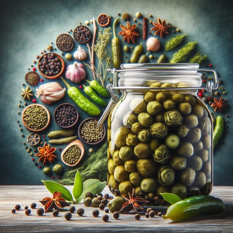 Pickled capers in a glass jar with fresh herbs and spices in the background