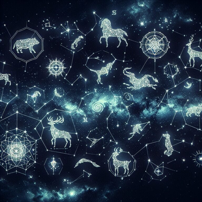 Groups of stars forming patterns in the night sky