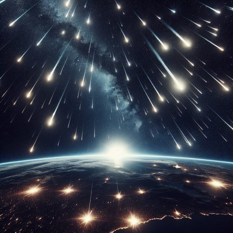 Streaks of light from a meteor shower illuminating the night sky against a backdrop of stars.
