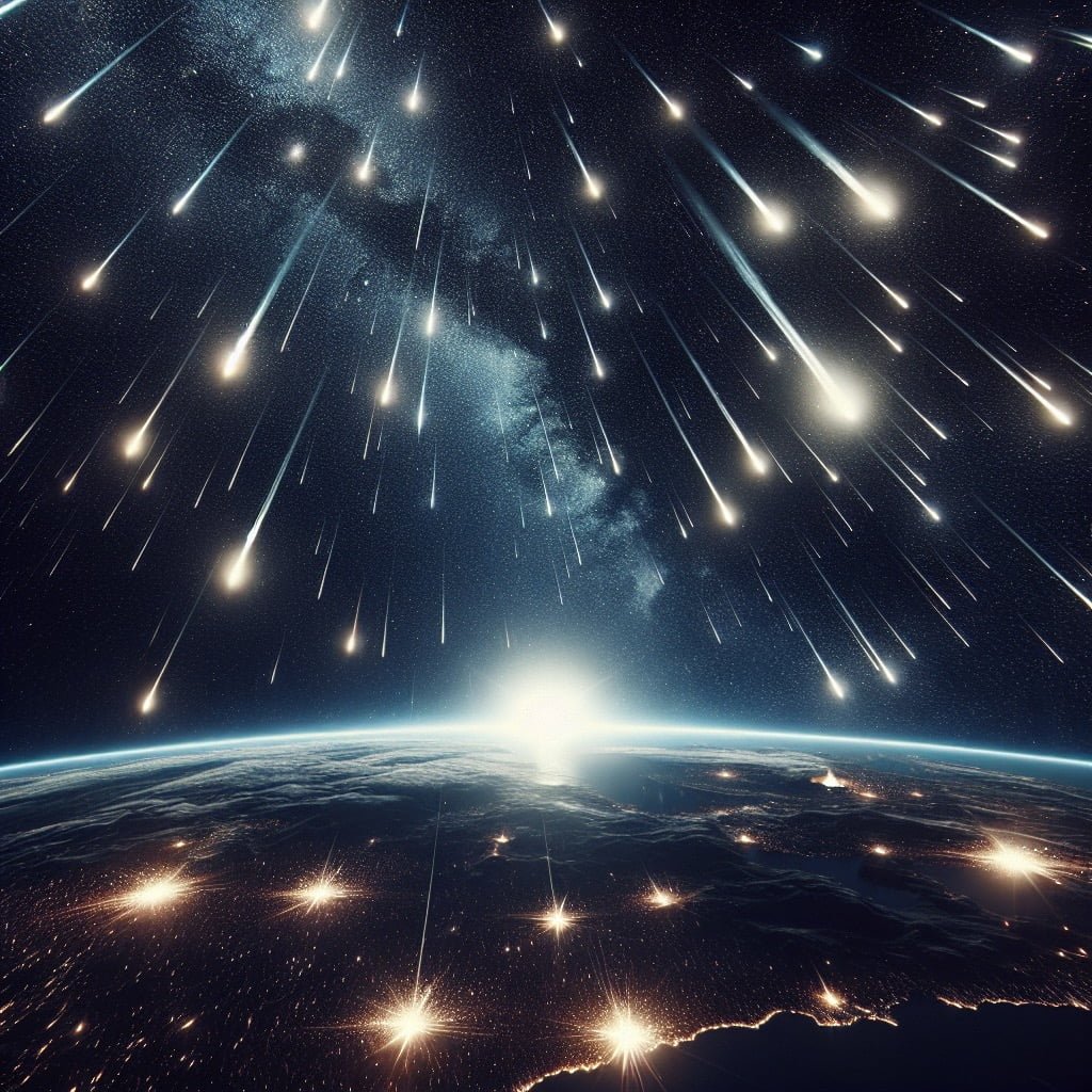 Streaks of light from a meteor shower illuminating the night sky against a backdrop of stars.
