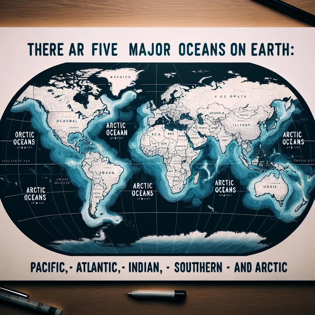 A world map highlighting the five oceans: Pacific