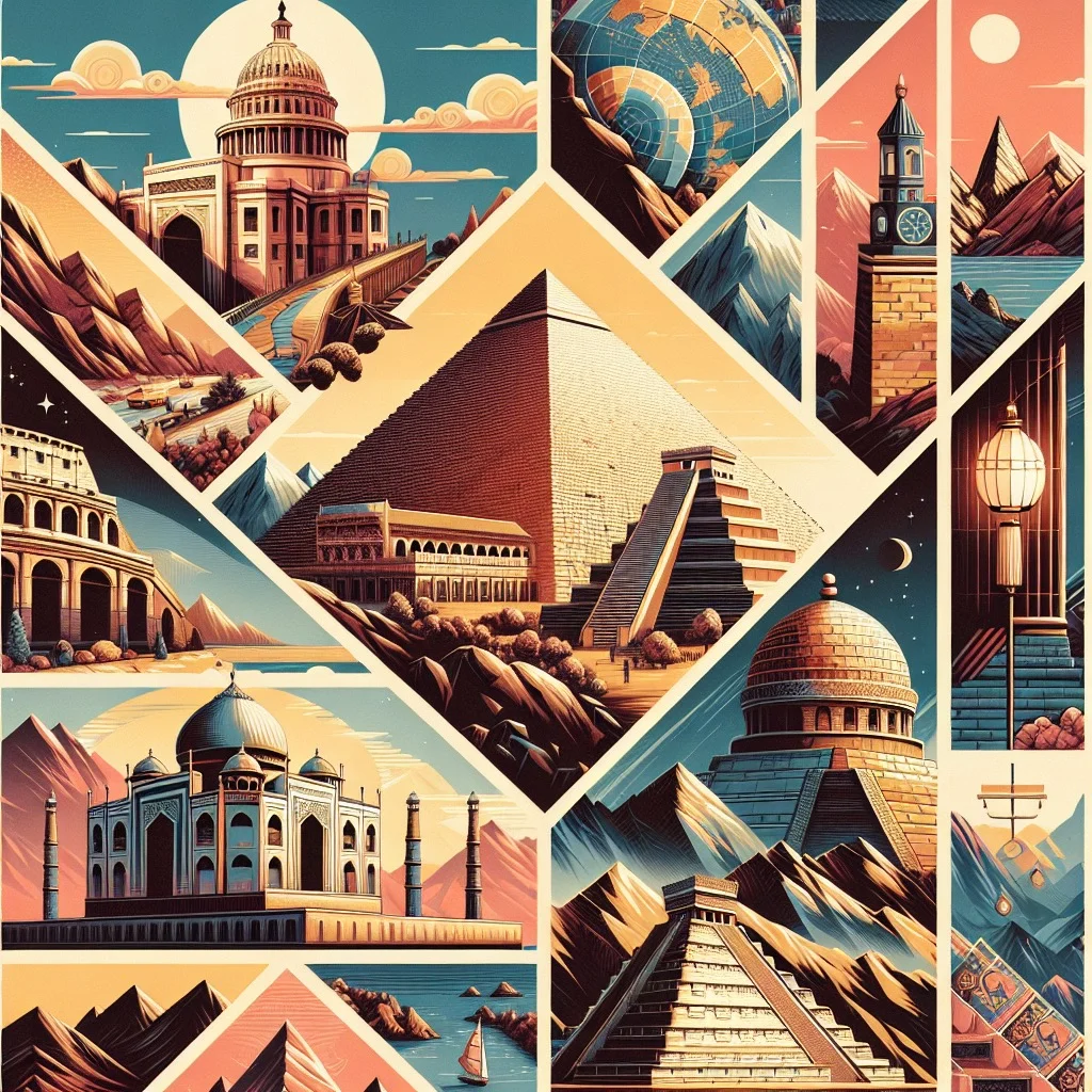 Collage of the Seven Wonders of the World including the Great Pyramid of Giza and the Great Wall of China