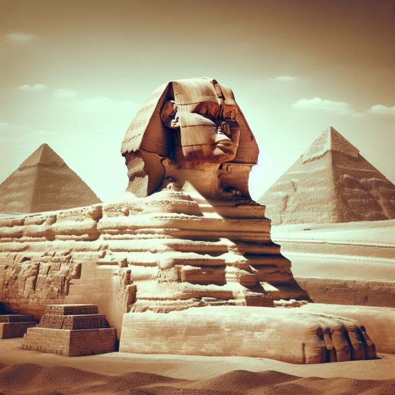 Colossal limestone statue of the Great Sphinx with the body of a lion and the head of a pharaoh