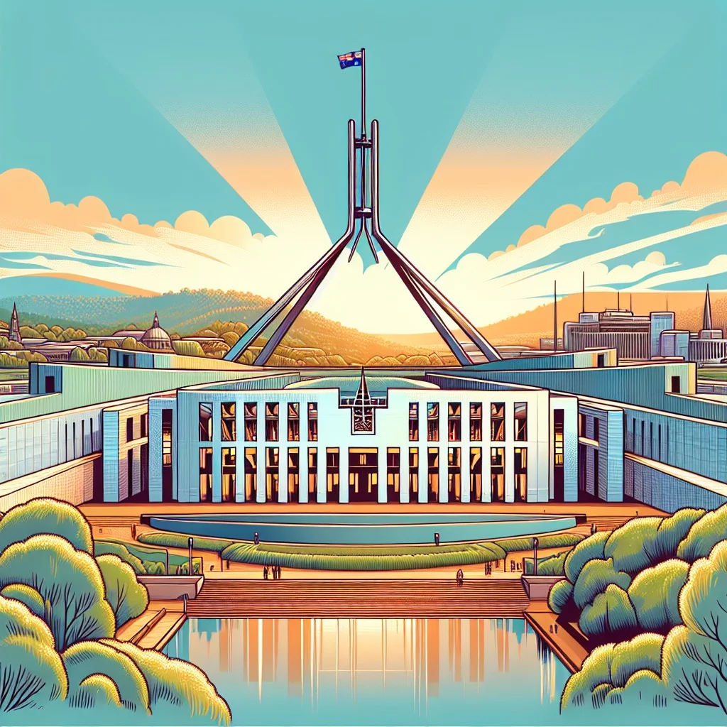 Canberra skyline featuring Parliament House and surrounding greenery