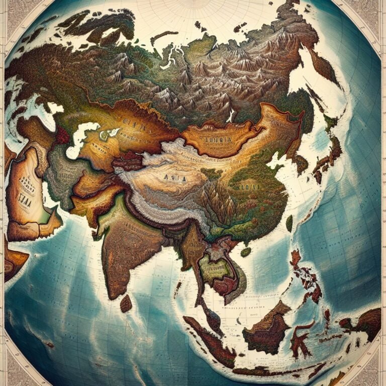 Map of Asia highlighting its vast size and diverse landscapes.