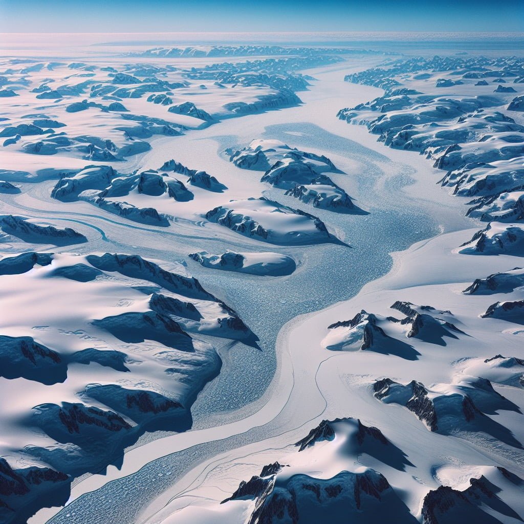 Aerial view of the Antarctic landscape showcasing vast icy deserts and snow-covered terrain.