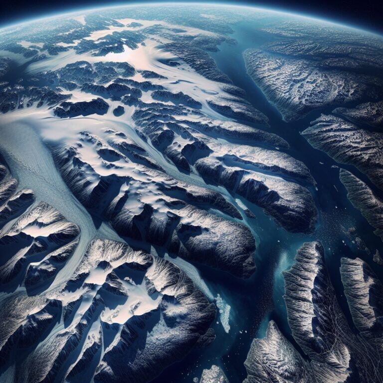 Aerial view of Greenland showcasing its vast icy landscape and coastlines.