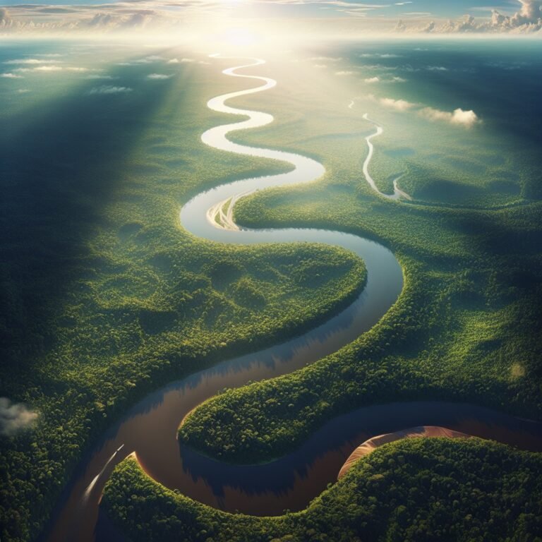 Aerial view of the Amazon River winding through lush tropical rainforest.