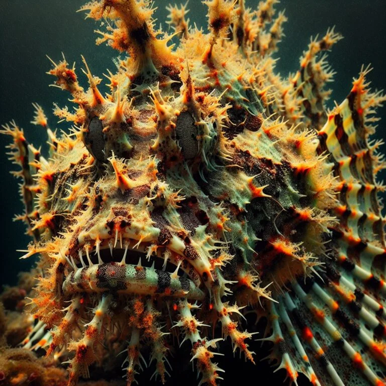 Close-up of a stonefish displaying its camouflaged body and venomous spines.