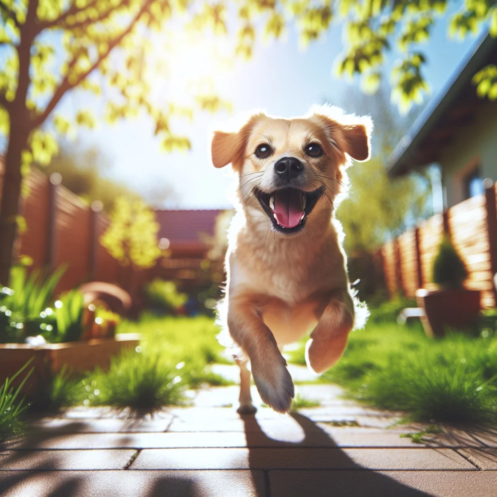 A happy domestic dog playing in a sunny backyard.