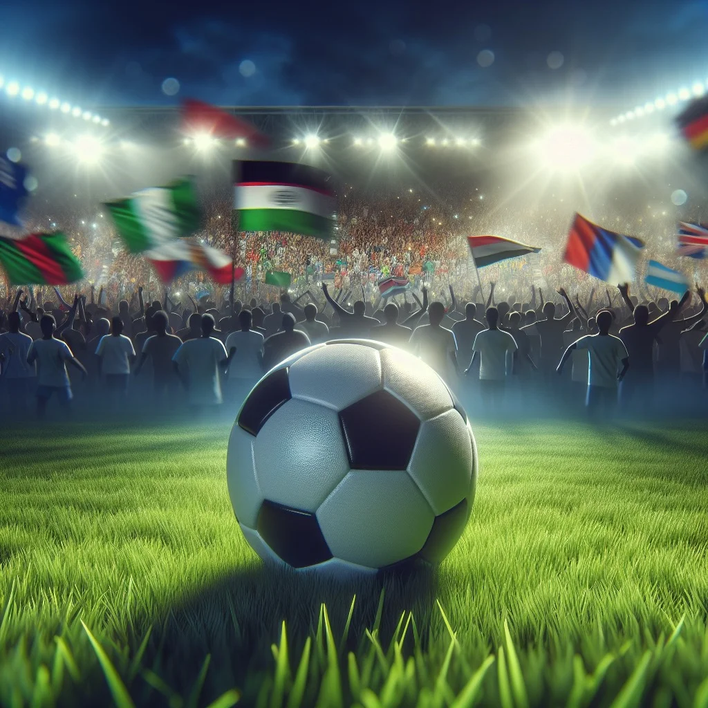 Soccer ball on a grass field with a cheering crowd in the background