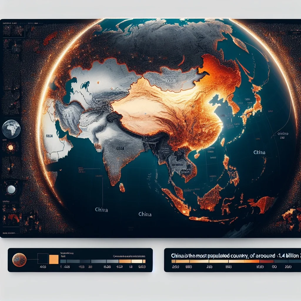 Map of the world highlighting China as the most populated country with a population of 1.4 billion people.