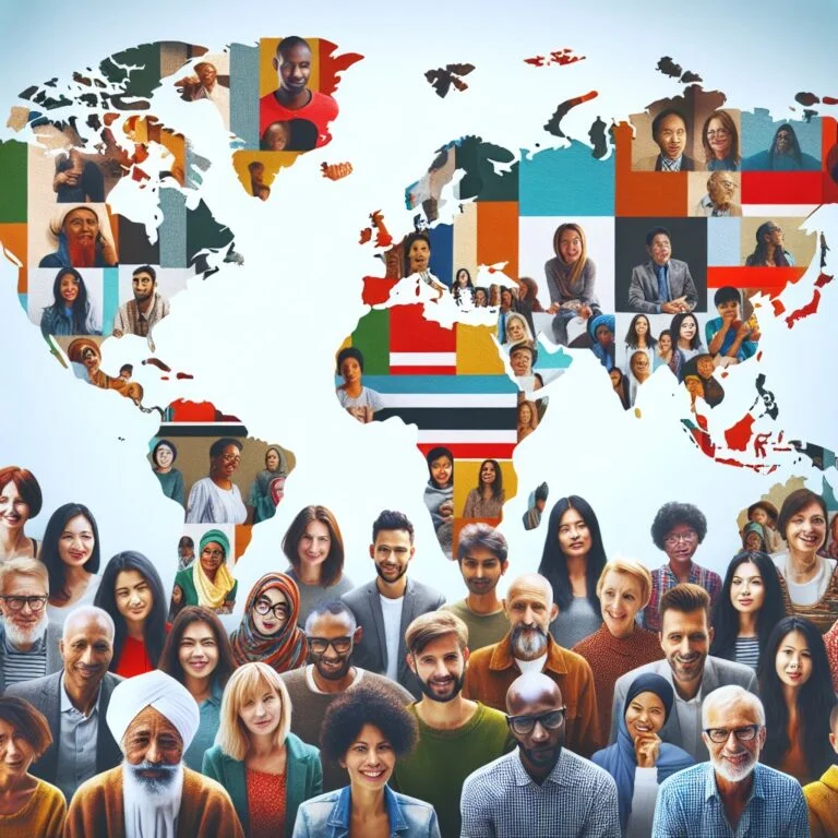 A collage of people from diverse cultures communicating in English